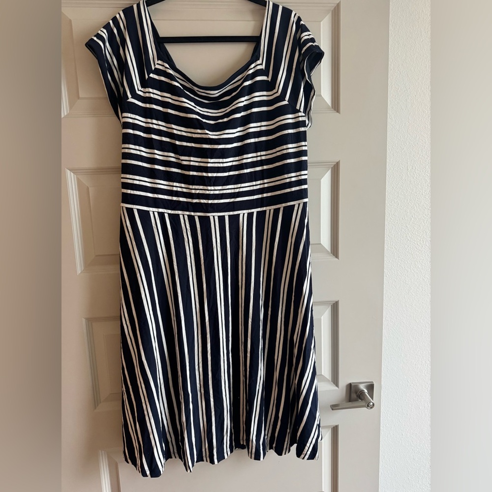 LOFT Navy and White Striped Midi Dress